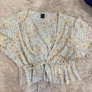 SHEIN Floral Print Wrap Blouse - Yellow and Green